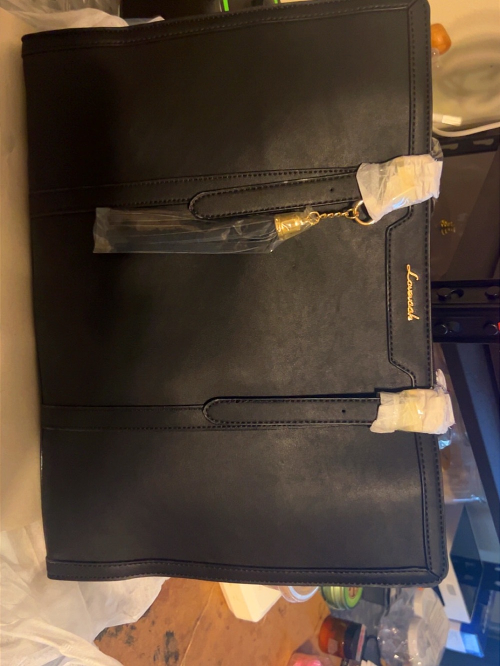 Swell Black Men’s Leather Briefcase Tote with Gold Accent